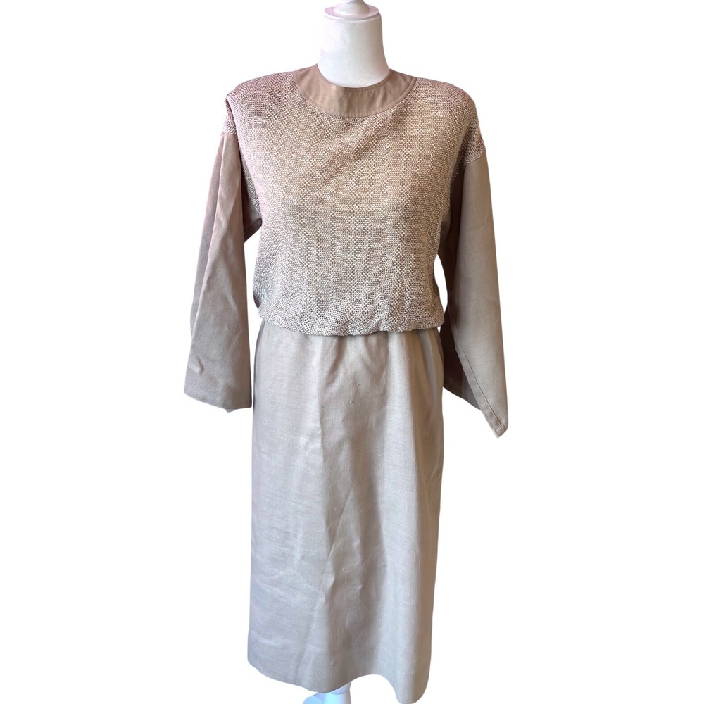 Vintage Hubert Latimer Vintage Dior Designer Mad Men Tan Metallic Woven Dress